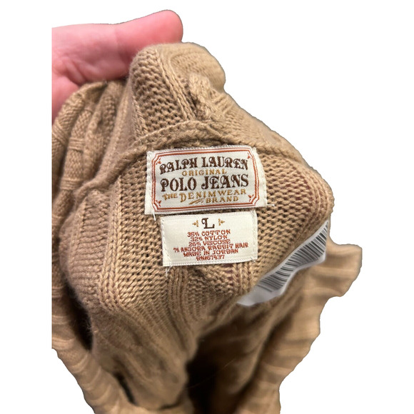 VTG Ralph Lauren Polo Women's Beige Fisherman Cable Knit Sweater Hoodie Size L - Picture 3 of 3